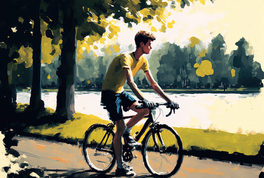 Cycling in the park, a young and active cyclist. Generative AI