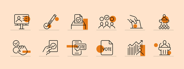 Vote icon set. Pen, tick, vote, referendum, election campaign, statistic, elector, online, voter. Elections concept. Pastel color background. Vector line icon for business