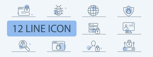 Antivirus icon set. Database protection, hacking, password cracking, internet security. Safety concept. Pastel color background. Vector 12 line icon for business