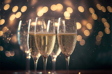 Glasses of champagne on a dark background, celebration background, Generative ai
