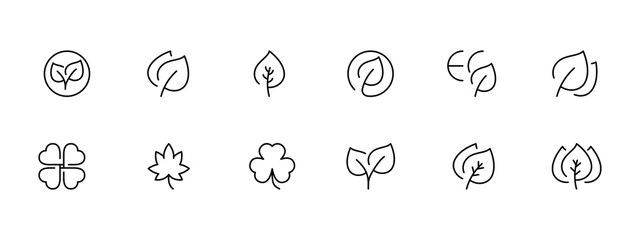 Leaves and planet set icon. Plant, earth, green, save the planet, clean environment, leaf. Ecology concept. Vector line icon on white background