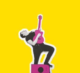 Modern art collage of stylish emotional young man singing and playing guitar, hand drawn. Black and white image, isolated yellow background. Music, festival, creativity and inspiration concept.