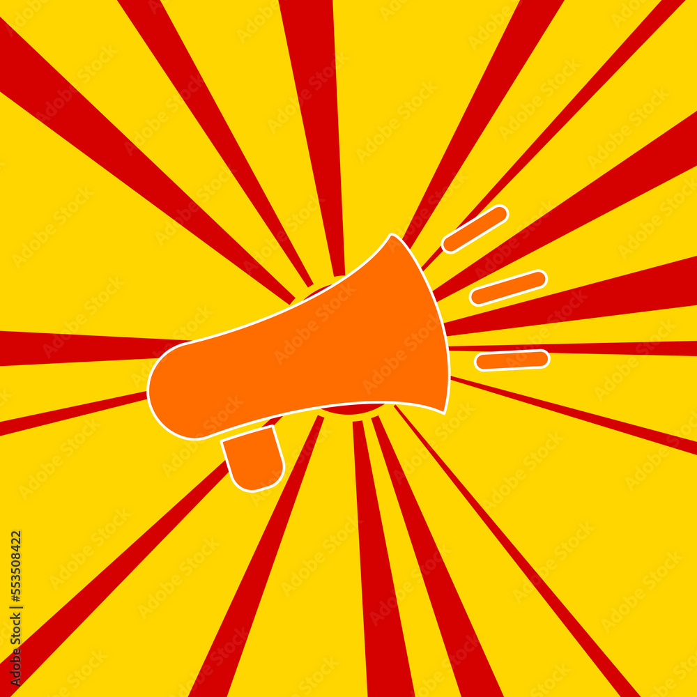 Poster megaphone symbol on a background of red flash explosion radial lines. the large orange symbol is loc