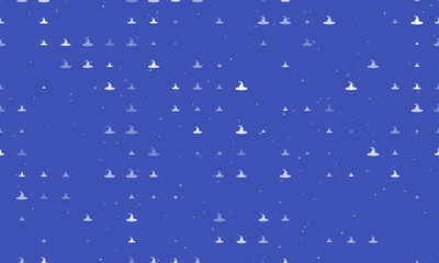 Seamless background pattern of evenly spaced white witch hat symbols of different sizes and opacity. Vector illustration on indigo background with stars