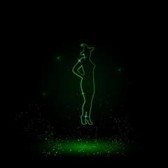 Fototapeta na wymiar A large green outline sexy witch symbol on the center. Green Neon style. Neon color with shiny stars. Vector illustration on black background