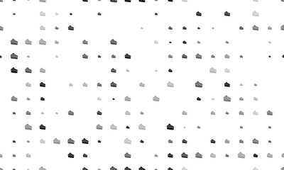 Seamless background pattern of evenly spaced black piece of cake symbols of different sizes and opacity. Vector illustration on white background