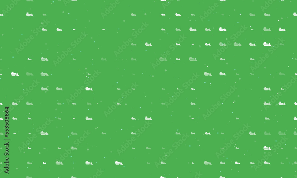 Poster seamless background pattern of evenly spaced white bulldozer symbols of different sizes and opacity.