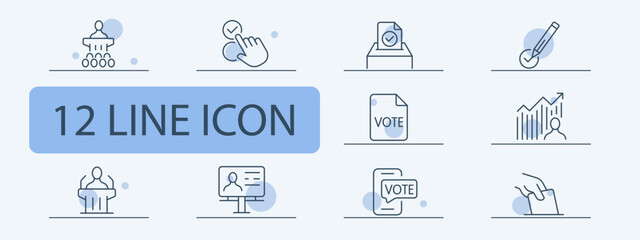 Vote icon set. Online, pen, tick, vote, referendum, elector, voter, election campaign, statistic. Election concept. Pastel color background. Vector 12 line icon for business