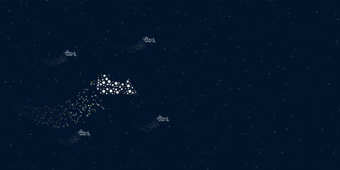 Fototapeta na wymiar A bulldozer symbol filled with dots flies through the stars leaving a trail behind. Four small symbols around. Empty space for text on the right. Vector illustration on dark blue background with stars