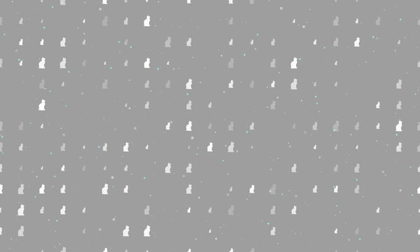Seamless background pattern of evenly spaced white cat symbols of different sizes and opacity. Vector illustration on gray background with stars