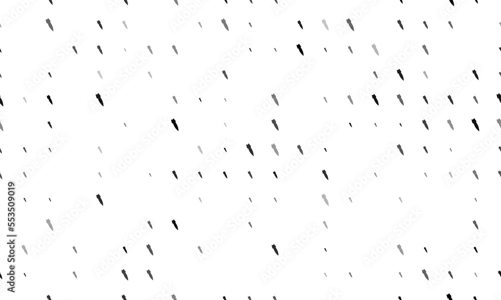 Poster seamless background pattern of evenly spaced black falling rocket symbols of different sizes and opa