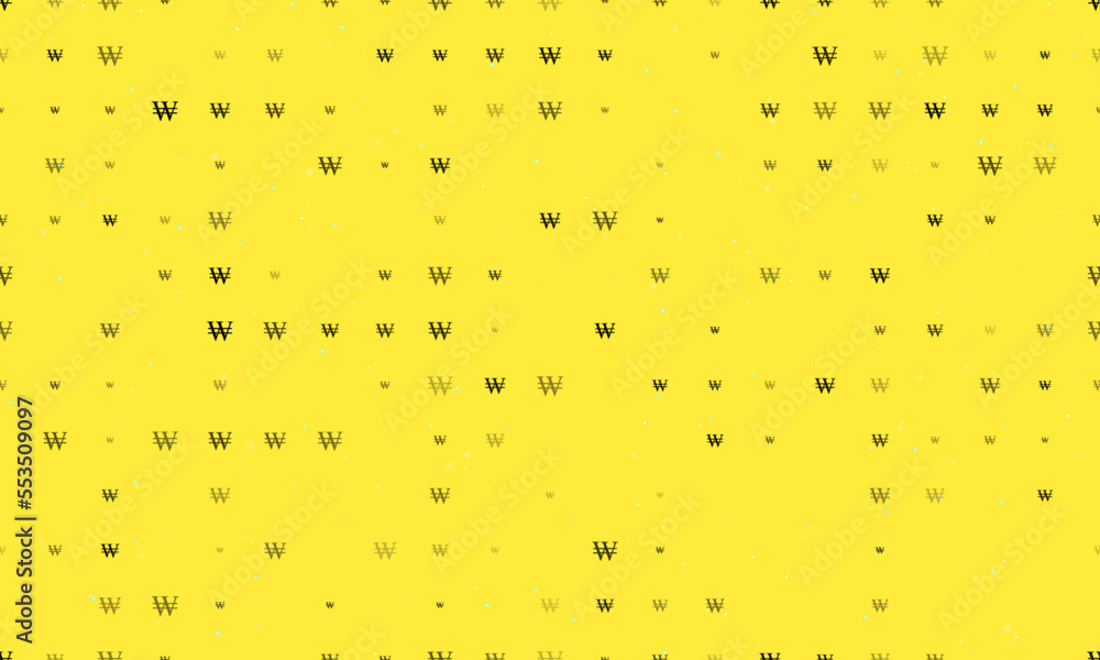 Poster seamless background pattern of evenly spaced black korean won signs of different sizes and opacity. 