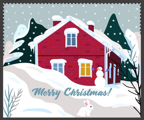 Vector illustration with winter landscape. Merry Christmas and Happy New Year.