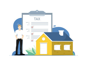 Tax housing concept, Human standing with housing, Digital marketing illustration.