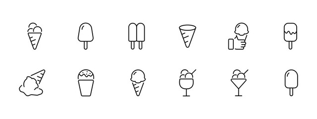 Ice cream icon set. Cold, ice cream, summer, cup, ice, children, refrigerator, cream, popsicle, sweetness, cone. Food concept. Vector line icon on white background