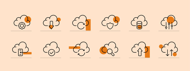 Cloud saving icon set. Uploading data to the cloud, protecting cloud databases, internet traffic. Network concept. Pastel color background. Vector line icon for business