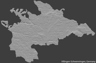 Topographic negative relief map of the town of VILLINGEN-SCHWENNINGEN, GERMANY with white contour lines on dark gray background
