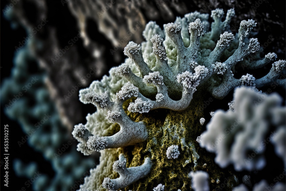 Poster macro photograph of lichen with white and black lichen on a tree for texture Generative AI