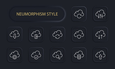Cloud saving icon set. Uploading data to the cloud, protecting cloud databases, internet traffic. Network concept. Neomorphism style. Vector line icon for Business