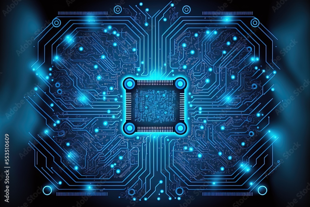 Poster advanced technical circuitry on a blue backdrop generative ai