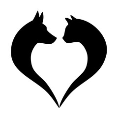 Cat and dog in black heart shape, pet love concept, illustration over a transparent background, PNG image