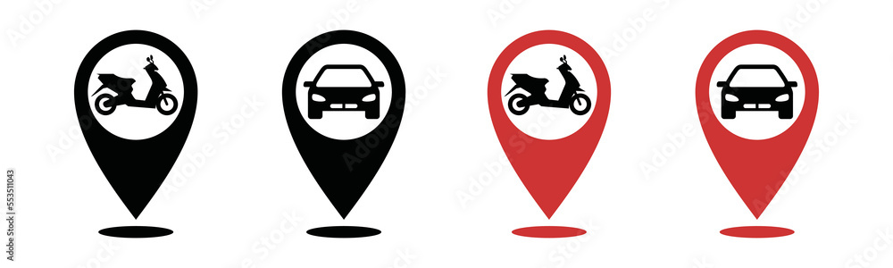 Poster map pin location of car and motorcycle icon set. map markers icon vector. map pin pointer place. gps