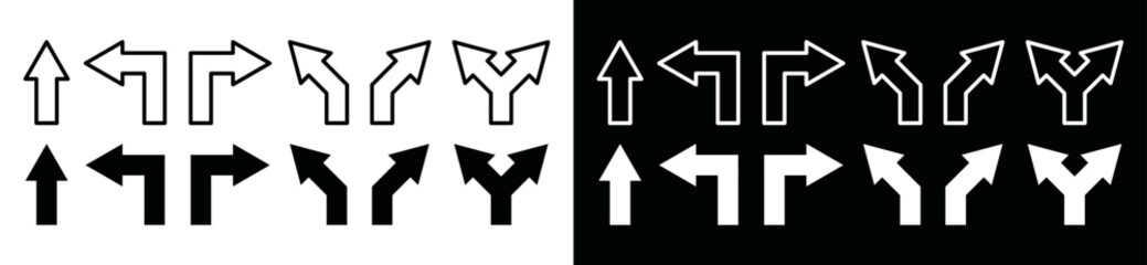 Road arrow direction sign. Turn left ad right, straight arrow way and Crossroads icon vector for apps and websites, symbol illustration