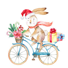 Cute Christmas bunny, watercolor bunny illustration, winter bunny, 2023 symbol