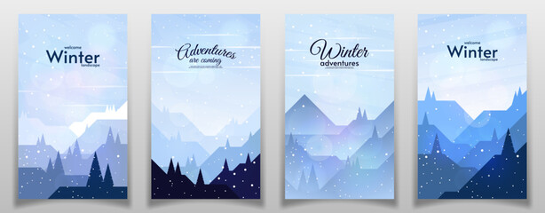 Winter landscape. Flat style. Vector illustration. Hills with mountains. Set of posters. Design for brochure, invitation, banner, postcard.