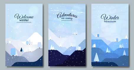 Set of vector winter season illustration. Flat 2d style. Hills, mountains with trees. Blue sky on backside. Poster, brochure, banner, postcard, invitation design.