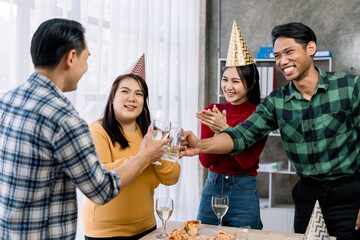 Celebrate to business success with colleagues. Business celebration party with co-worker partner in business marketing team, winner successful startup together.