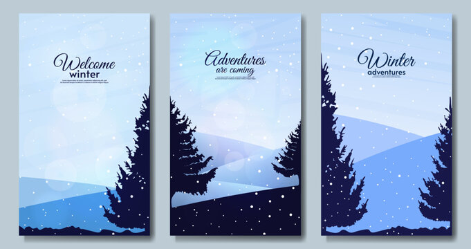 Winter landscape. Flat 2d style illustration. Snowfall. Silhouette of tree. Hills with trees and blue sky. Design for poster, postcard, brochure.