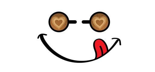 Yummy smile face with red tongue lick and saliva. Two coffee or tea break. Cartoon cup of coffee. Coffee time or day. full energy power drinks. Energetic drink. For coffee shop. Love heart