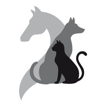 Cat, dog, and horse silhouettes, animal love, Veterinarian logo concept, illustration over a transparent background, PNG image