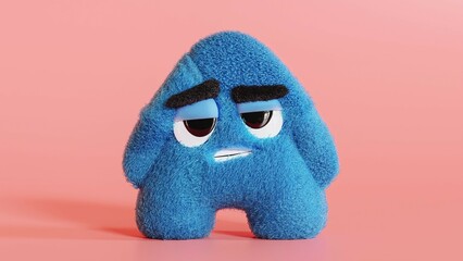 Fluffy character , blue furry tired monster on a pink background, 3d render