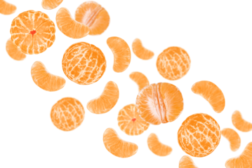 Levitation of peeled tangerines isolated on a transparent background.