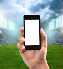 Fan hold smartphone at football match at stadium