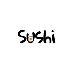 Stylized illustration of sushi logo with lettering and sushi roll isolated