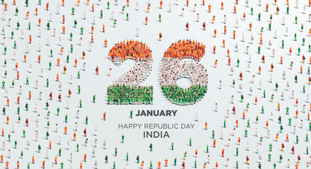 Happy Republic Day India. A large group of people form to create the number 26 as India celebrates its Republic Day on the 26th of January. Vector illustration.