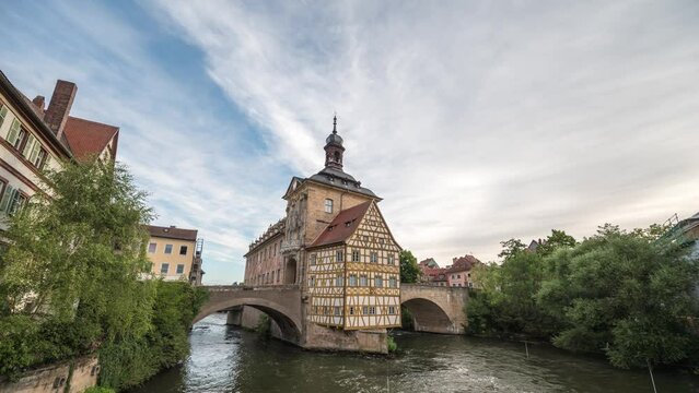 Bamberg Germany time lapse 4K, city skyline timelapse at Altes Rathaus Old Town Hall and Linker Regnitzarm River