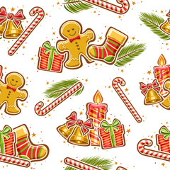 Vector Christmas seamless pattern, square repeat background with illustration of golden christmas bells with bow, cartoon burning candle, spruce branches and decorative confetti on white background