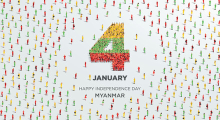 Happy Independence Day Myanmar. A large group of people form to create the number 4 as Burma celebrates its Independence Day on the 4th of January. Vector illustration.