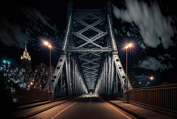 Nighttime photos of the Queensboro Bridge in New York City. Generative AI