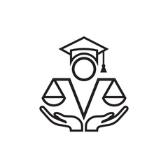 Hand holding law balance. Graduation law icon. vector line art design. Mechanical balancing scales, symbol of law and judgment, punishment and truth, measuring.