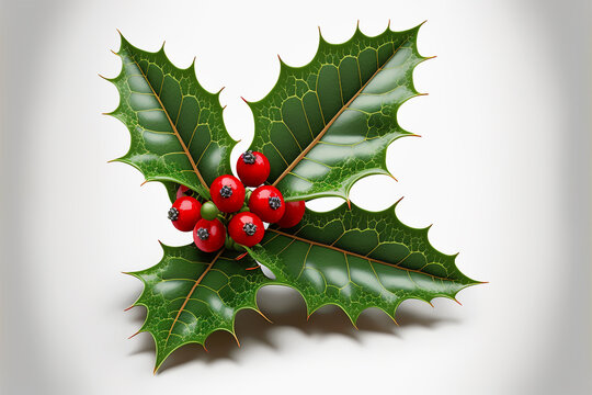 baie de houx de No&euml;l sur fond blanc generative ai