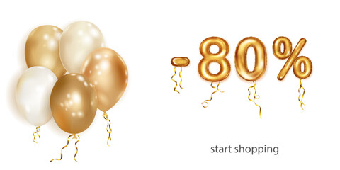 Discount creative illustration with white and gold helium flying balloons and golden foil numbers. 80 percent off. Sale poster with special offer on white background