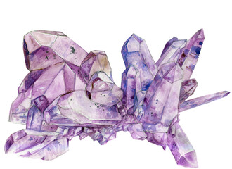 Amethyst crystal cluster watercolor illustration, violet quartz mineral, purple crystals, mineral, stone, gem, 400 dpi png with transparent background - obrazy, fototapety, plakaty