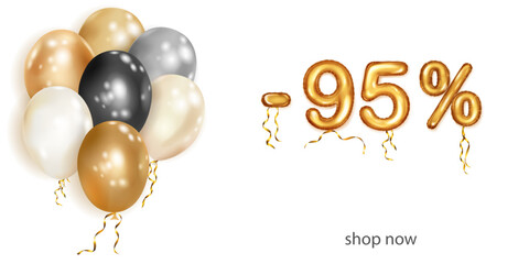 Discount creative illustration with white, black and gold helium flying balloons and golden foil numbers. 95 percent off. Sale poster with special offer on white background