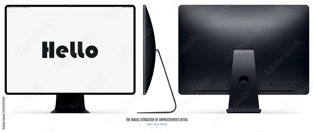 Poster new computer monitor black color with blank screen front, back and side view isolated on white backg