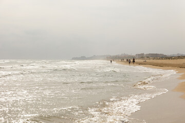 Picturesque view of the sandy beach of the sea and walking people